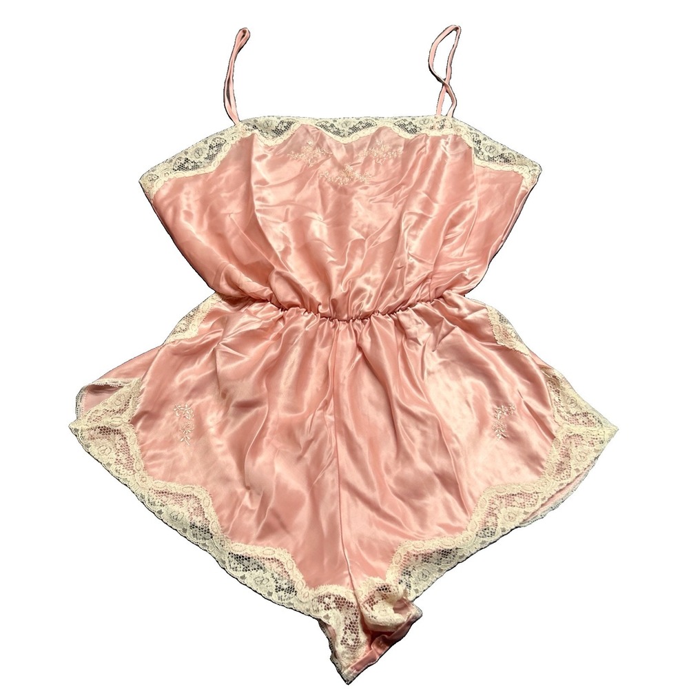 VTG Barbizon Boutique Pink Floral Embroidered Romper L Lace Trim Slip Romantic